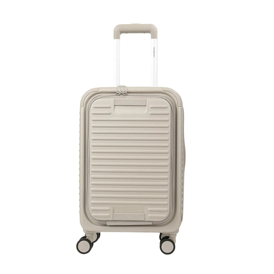 Front view of the Hedgren Raku Yuno Front Pocket Luggage in Grey, showcasing the textured hard shell and expandable zipper detail. Shop Online at Mosafer Qatar