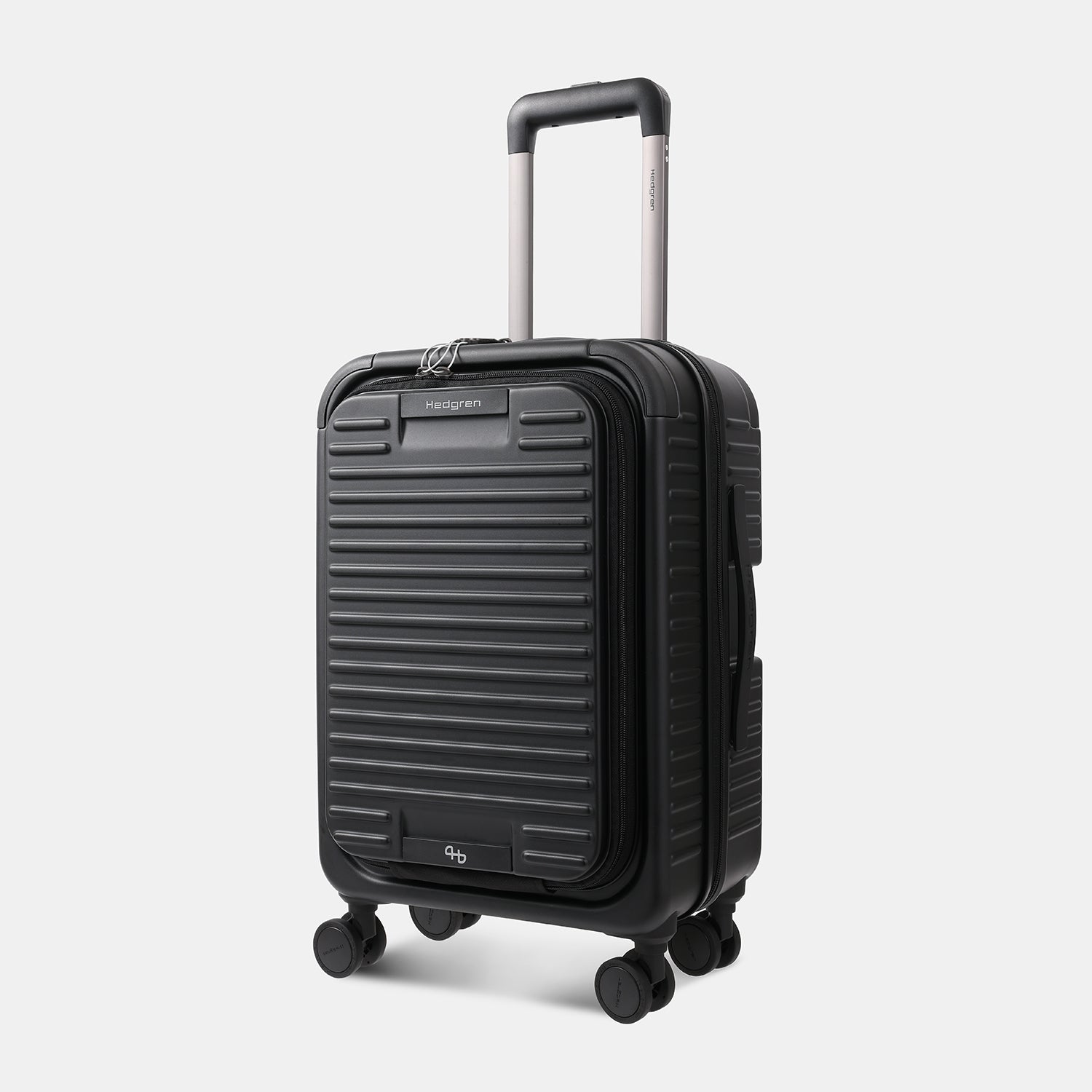 Angled view of the Hedgren Raku Yuno Front Pocket Luggage in Black, showcasing the textured hard shell and expandable zipper detail. Shop Online at Mosafer Qatar