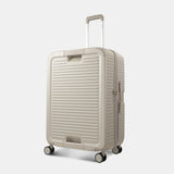 Angled view of the Hedgren Raku Yuno luggage in Grey, showcasing the textured hard shell and expandable zipper detail. Available for Online Purchase