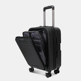 Angled view of the opened Hedgren Raku Yuno Front Pocket Luggage in Black, showcasing different layers. Shop Online at Mosafer Qatar