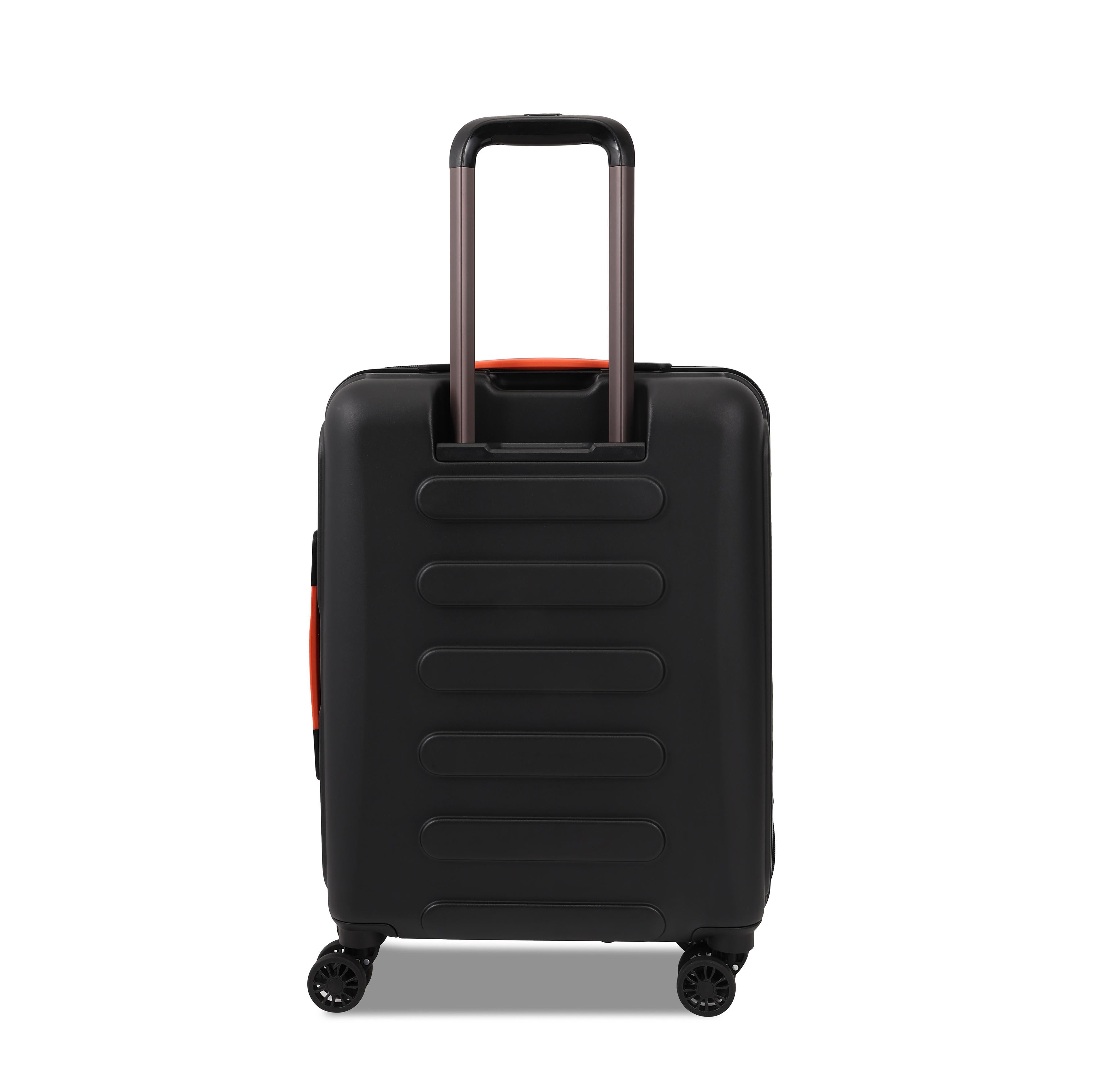Back view of the Hedgren Comby Grip luggage in Black, highlighting the unique front-panel handles and textured hard shell. Order Online Today