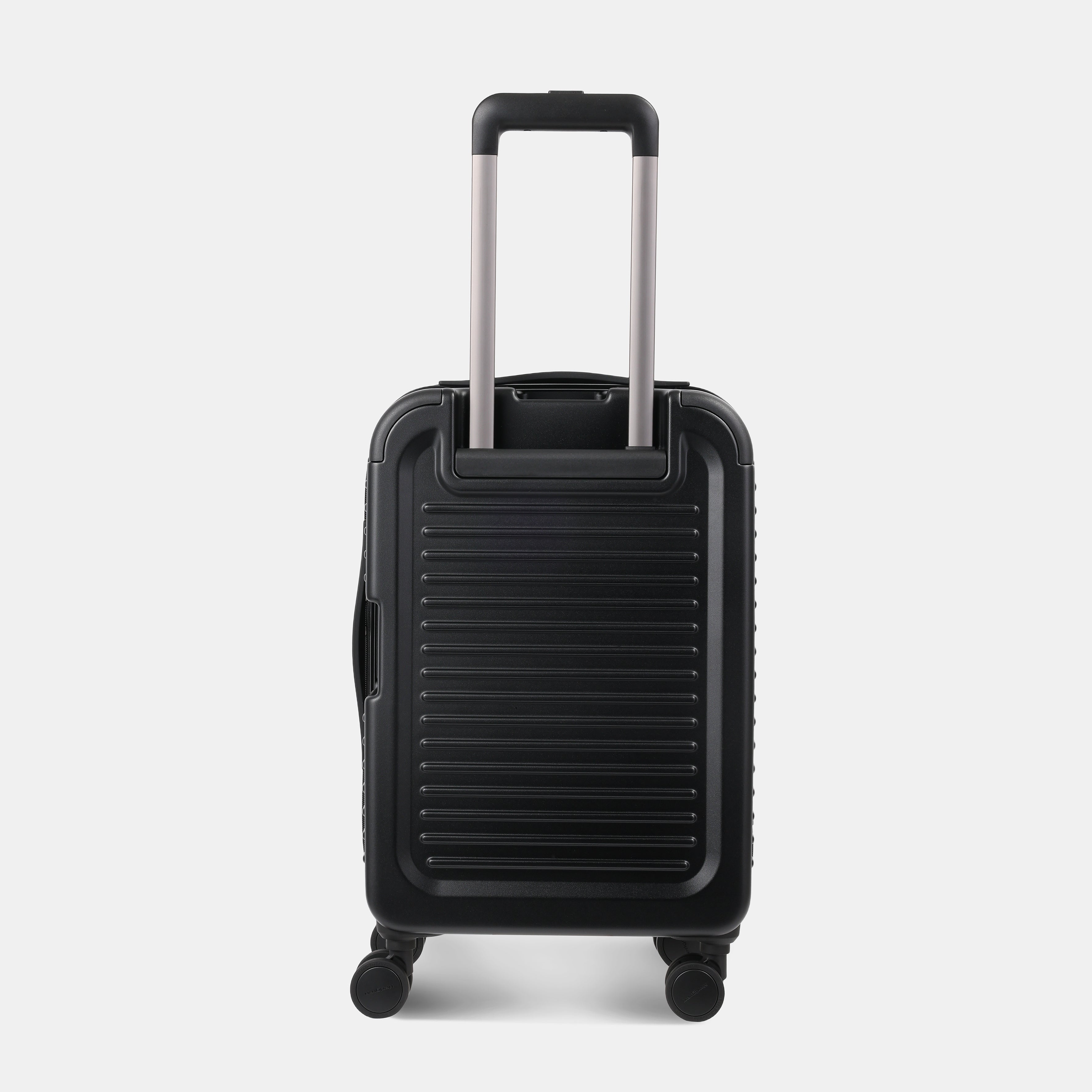 Back view of the Hedgren Raku Yuno Front Pocket Luggage in Black, showcasing the textured hard shell and expandable zipper detail. Shop Online at Mosafer Qatar