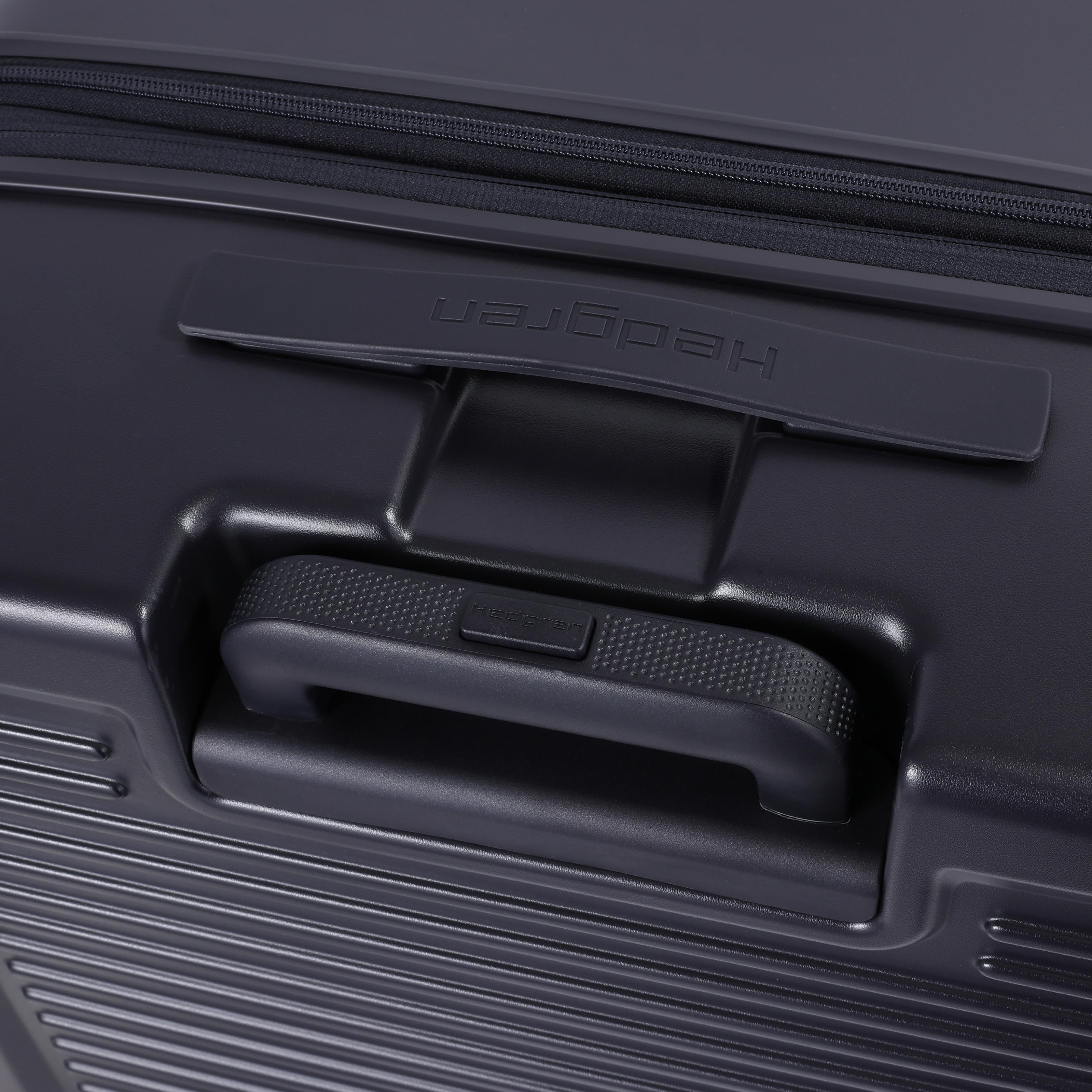 Close-up handles view of the Hedgren Raku Yuno luggage in Blue, showcasing the closed expandable handle and carry handle. Available for Online Purchase