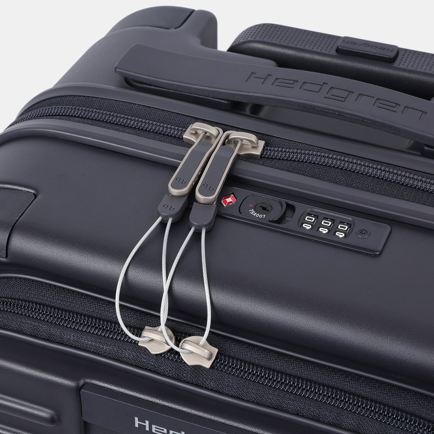 Close-up lock view of the Hedgren Raku Yuno Front Pocket Luggage in Blue, showcasing the secure lock. Shop Online at Mosafer Qatar