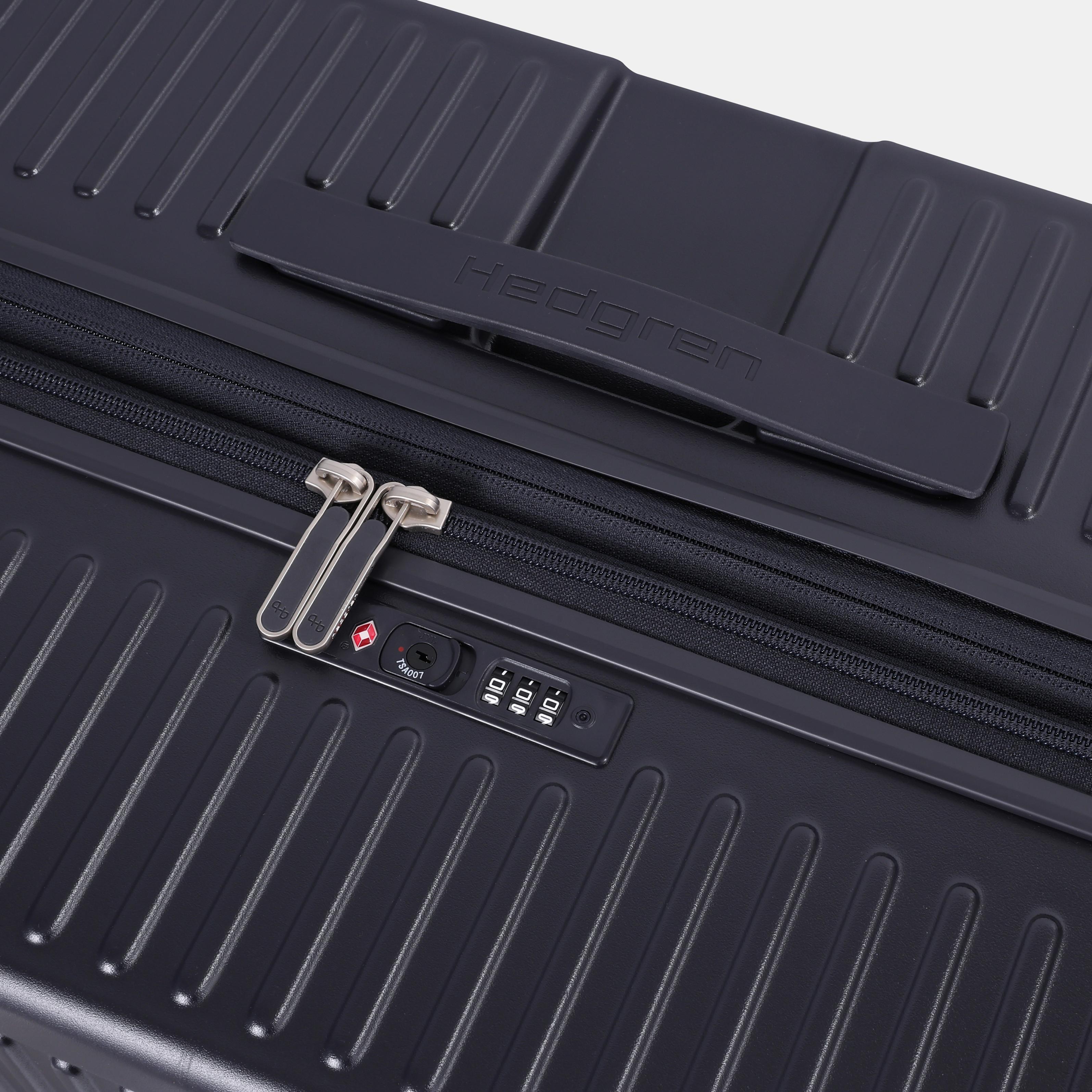 Close-up view of the Hedgren Raku Yuno luggage in Blue, showcasing the Lock detail. Available for Online Purchase