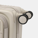 Close-up wheels view of the Hedgren Raku Yuno Front Pocket Luggage in Grey, showcasing the spinner wheels. Shop Online at Mosafer Qatar