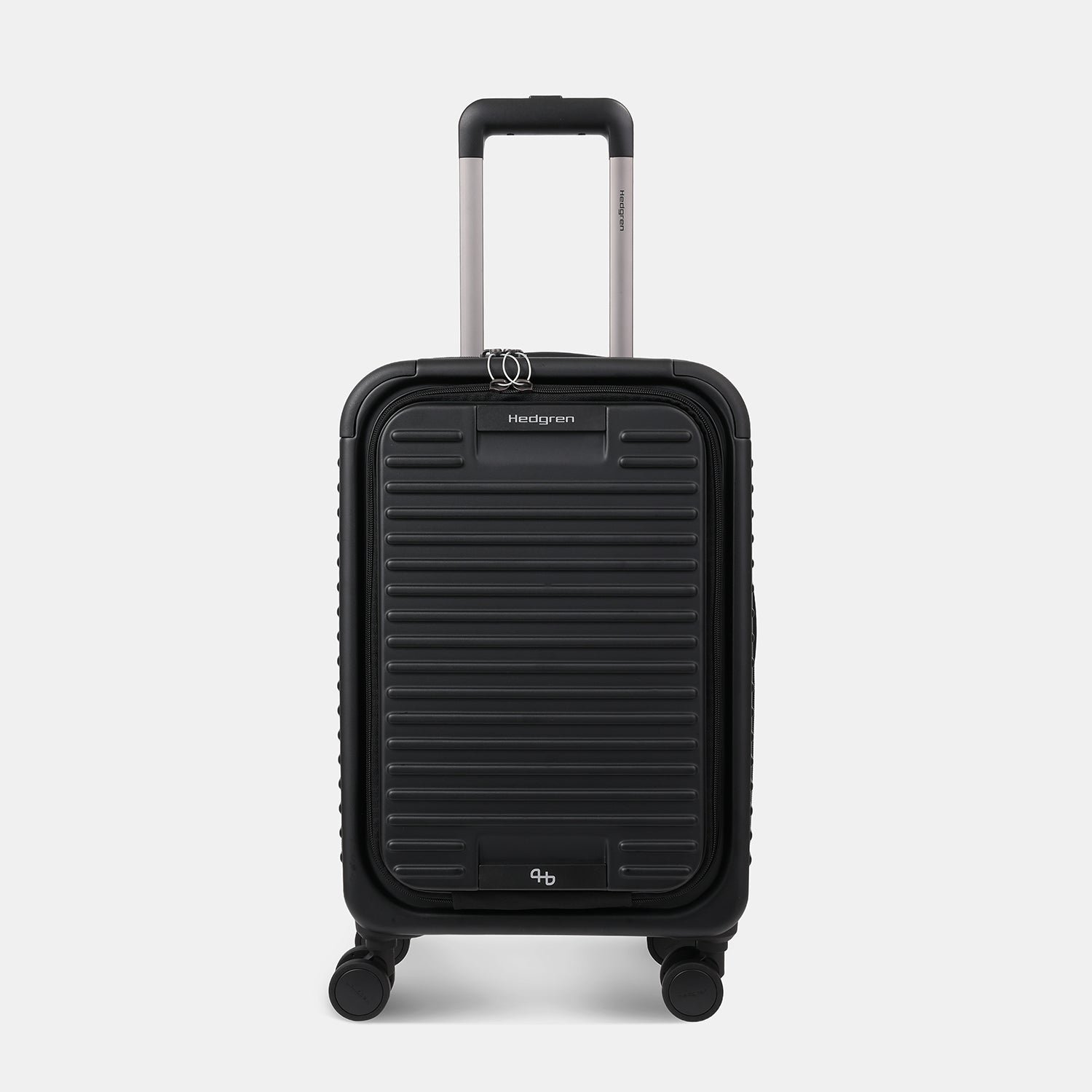 Front view of the Hedgren Raku Yuno Front Pocket Luggage in Black, showcasing the textured hard shell and expandable zipper detail. Shop Online at Mosafer Qatar
