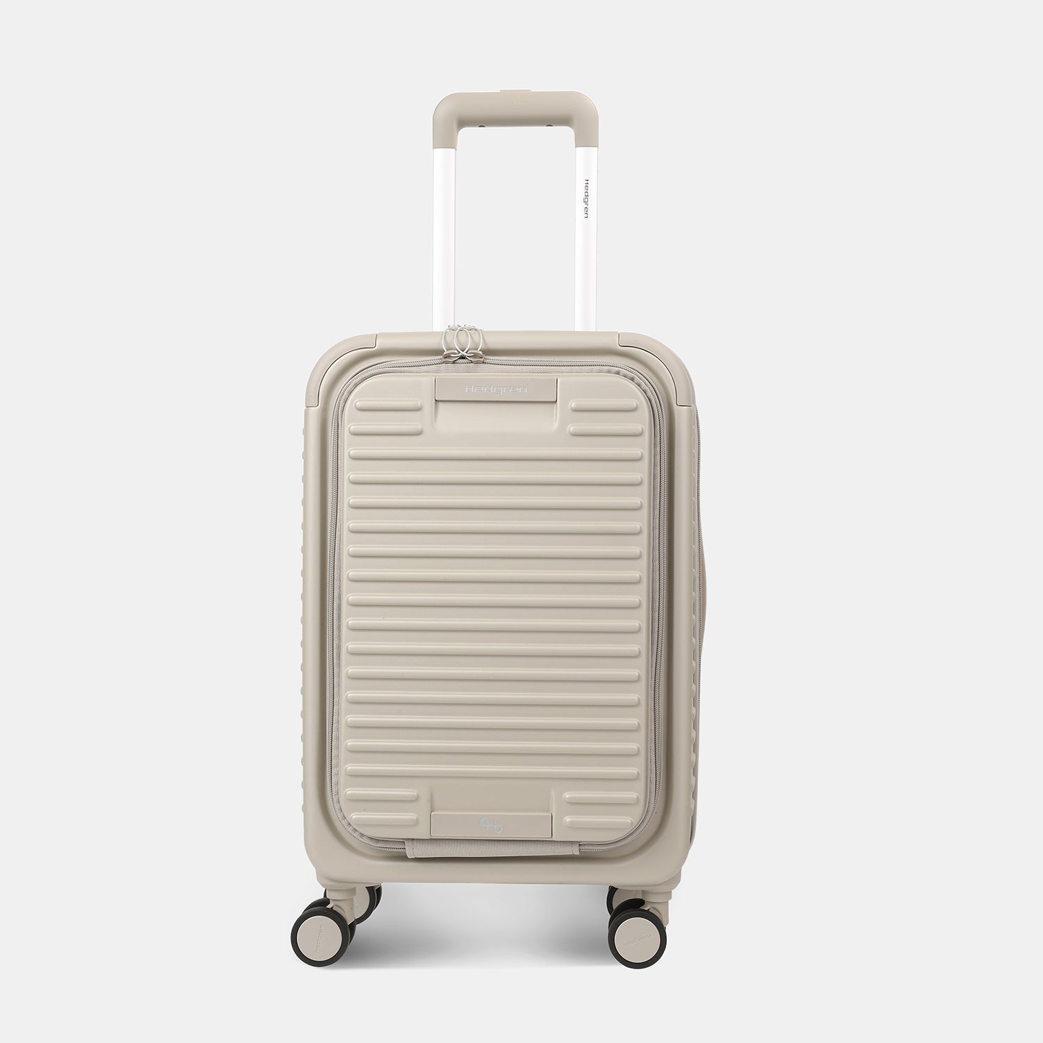 Front view of the Hedgren Raku Yuno Front Pocket Luggage in Grey, showcasing the textured hard shell and expandable zipper detail. Shop Online at Mosafer Qatar