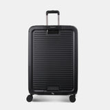 Front view of the Hedgren Raku Yuno luggage in Black, showcasing the textured hard shell and expandable zipper detail. Available for Online Purchase