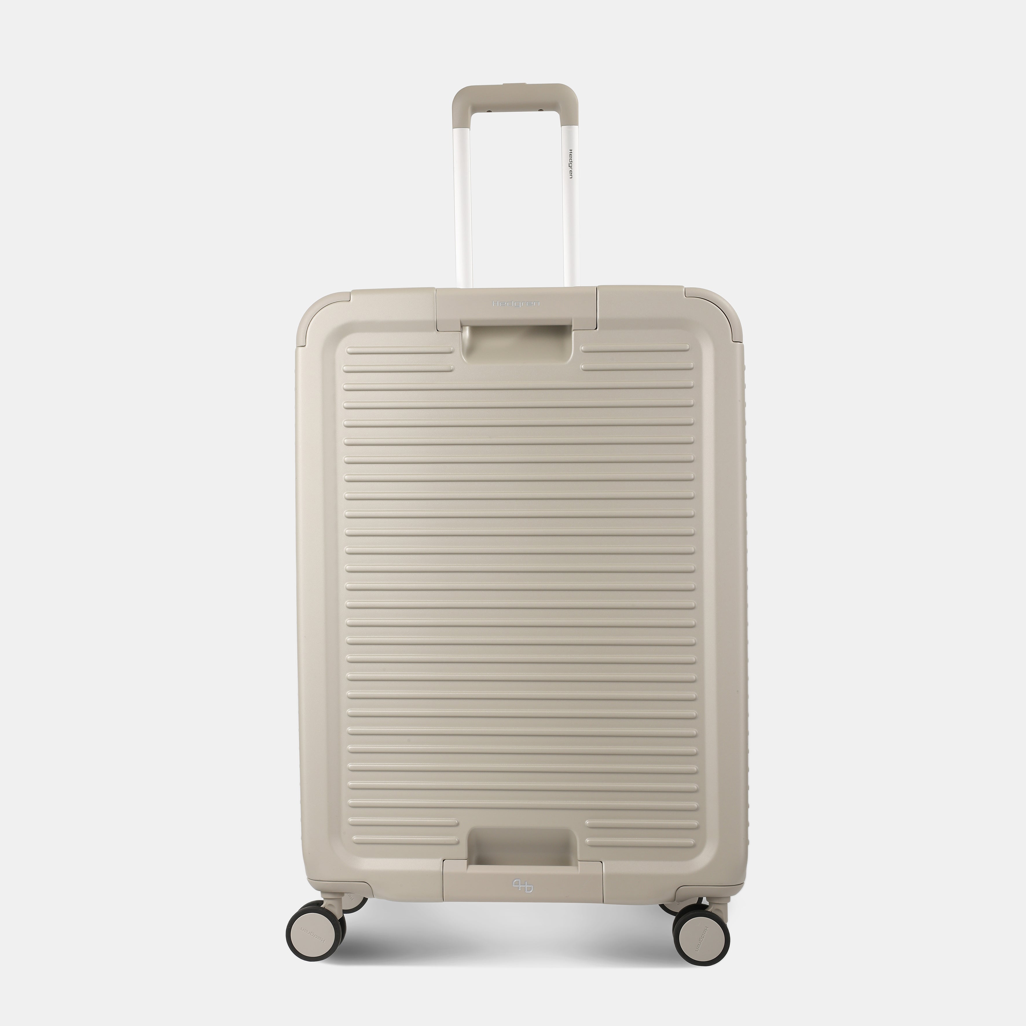 Front view of the Hedgren Raku Yuno luggage in Grey, showcasing the textured hard shell and expandable zipper detail. Available for Online Purchase