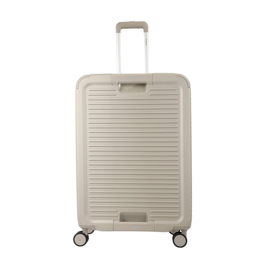 Front view of the Hedgren Raku Yuno luggage in Grey, showcasing the textured hard shell and expandable zipper detail. Available for Online Purchase