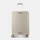 Front view of the Hedgren Raku Yuno luggage in Grey, showcasing the textured hard shell and expandable zipper detail. Available for Online Purchase