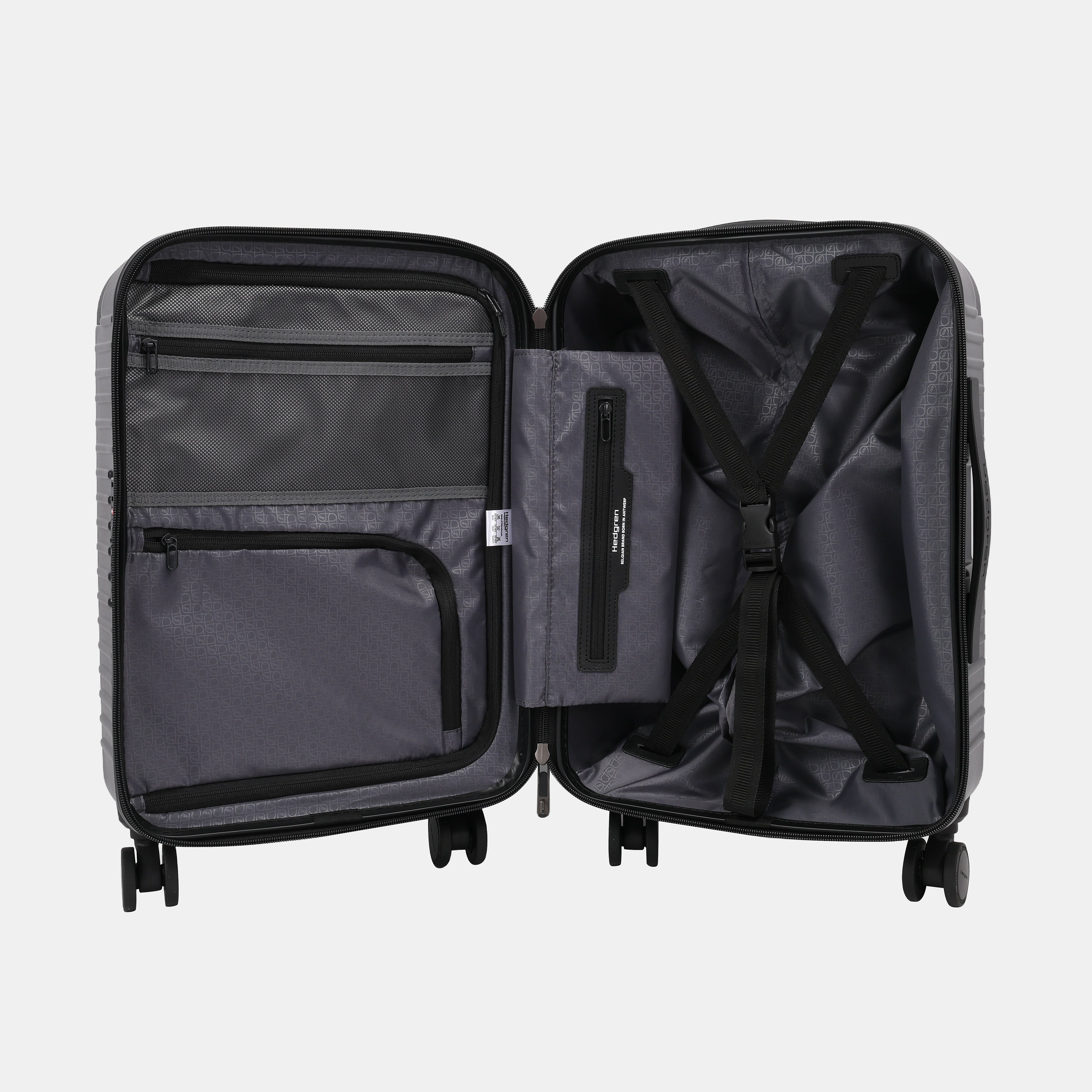 Inside view of the Hedgren Raku Yuno Front Pocket Luggage in Black, showcasing the organizing belt and pockets. Shop Online at Mosafer Qatar