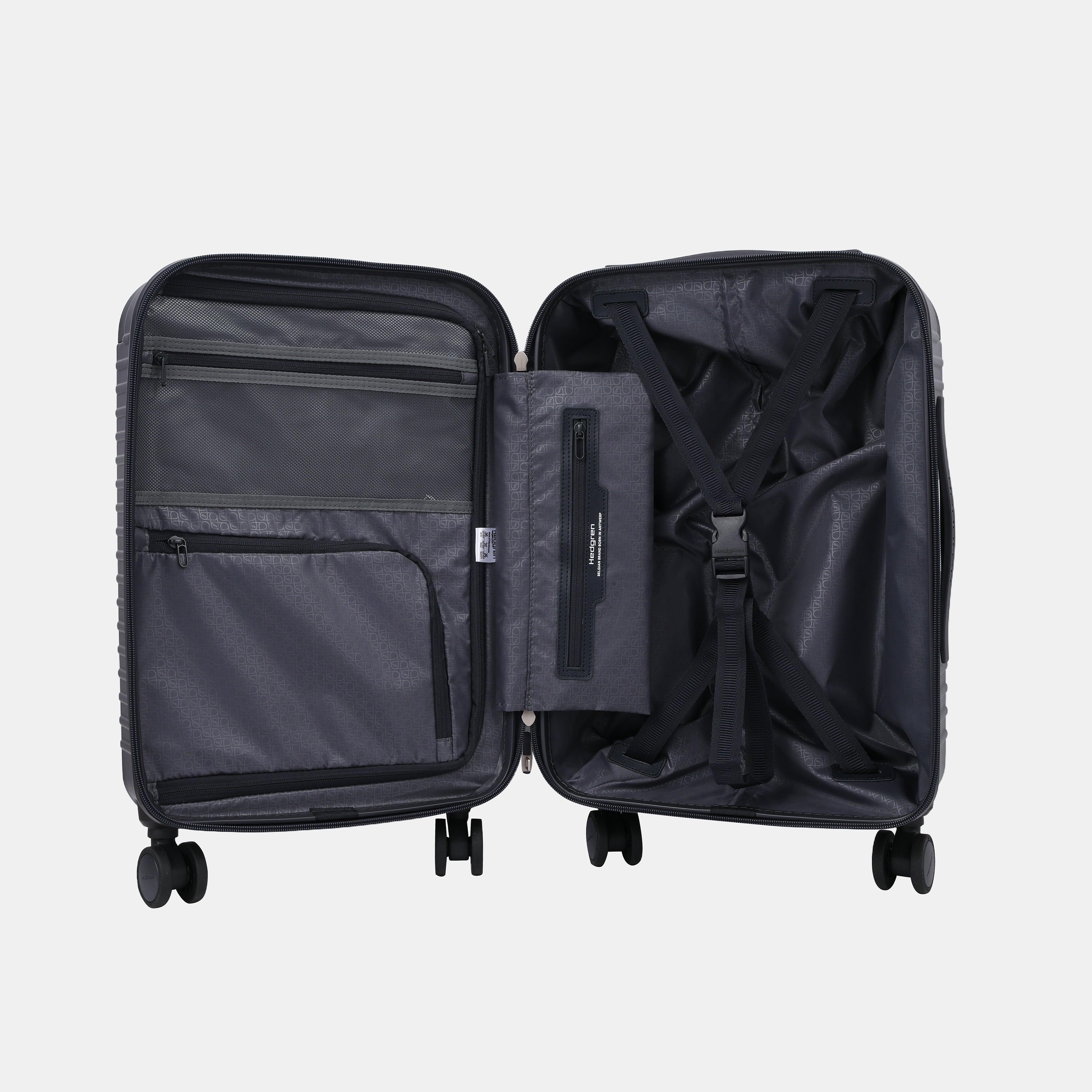 Inside view of the Hedgren Raku Yuno Front Pocket Luggage in Blue, showcasing the organizing belt and pockets. Shop Online at Mosafer Qatar