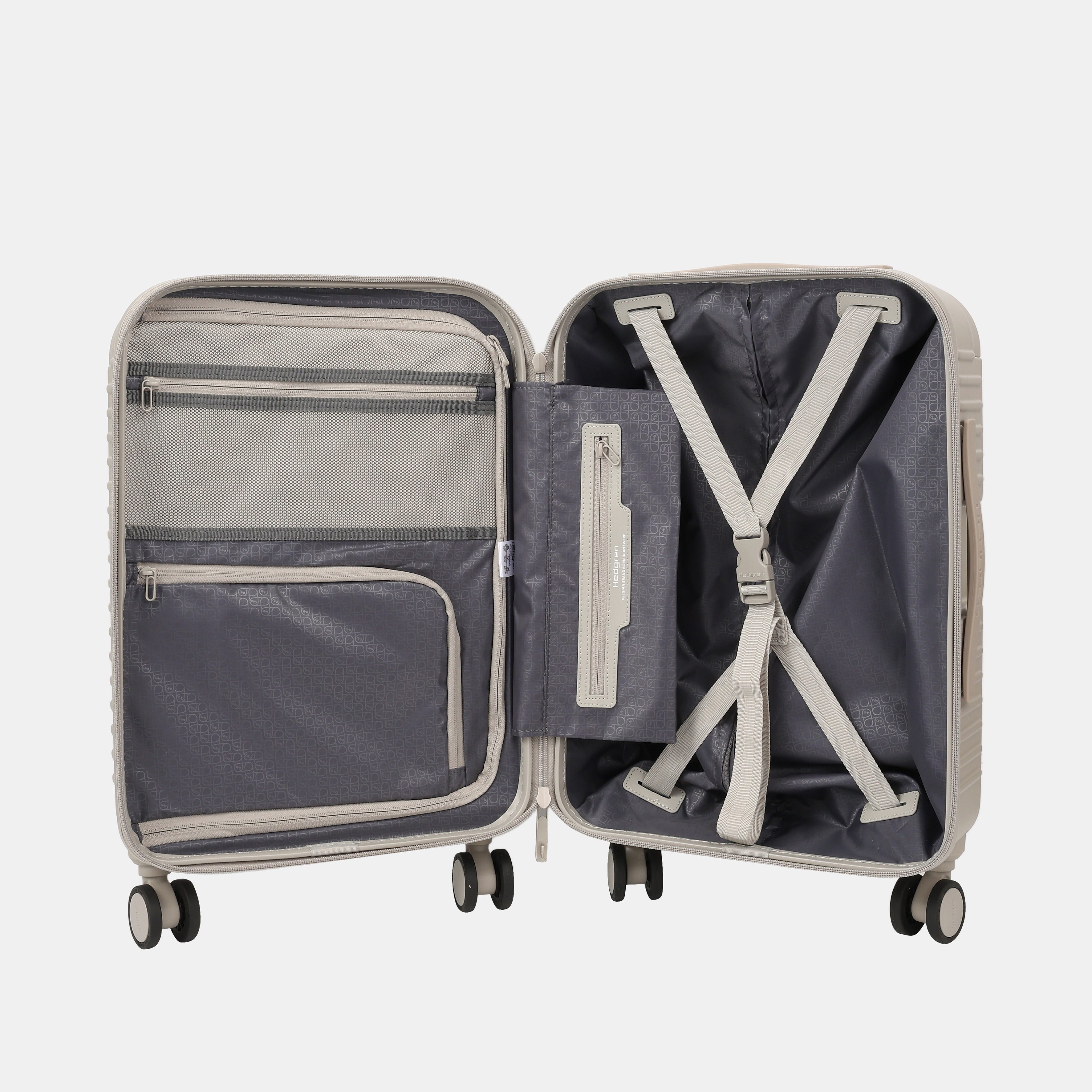Inside view of the Hedgren Raku Yuno Front Pocket Luggage in Grey, showcasing the organizing belt and pockets. Shop Online at Mosafer Qatar