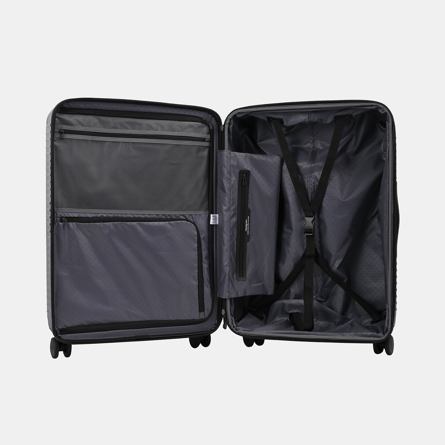 Inside view of the Hedgren Raku Yuno luggage in Black, showcasing the belt and inside pockets with zippers detail. Available for Online Purchase