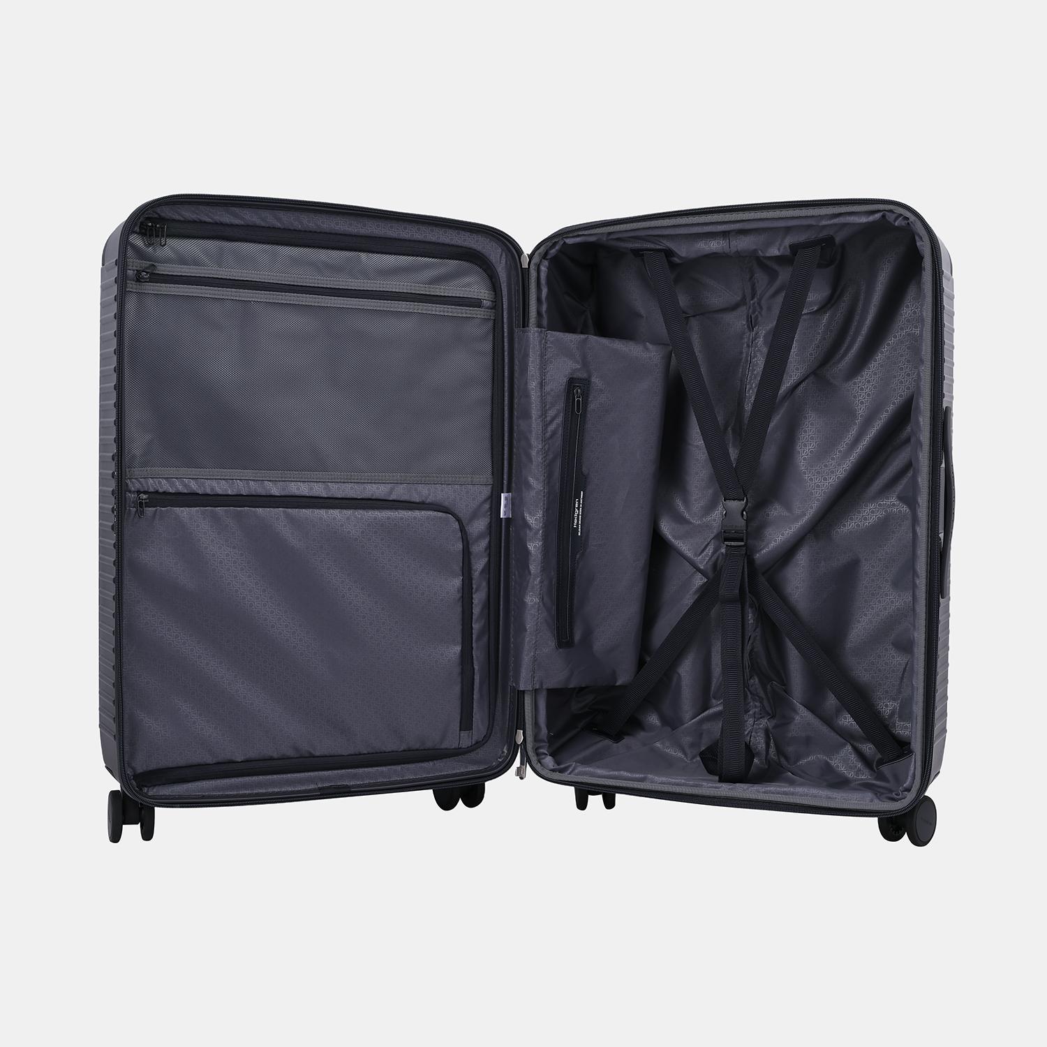 Inside view of the Hedgren Raku Yuno luggage in Blue, showcasing the belt and inside pockets with zippers detail. Available for Online Purchase