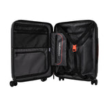 Inside view of the opened Hedgren Comby Grip luggage in Black, highlighting the organizing, secured belt and zipper pockets. Order Online Today