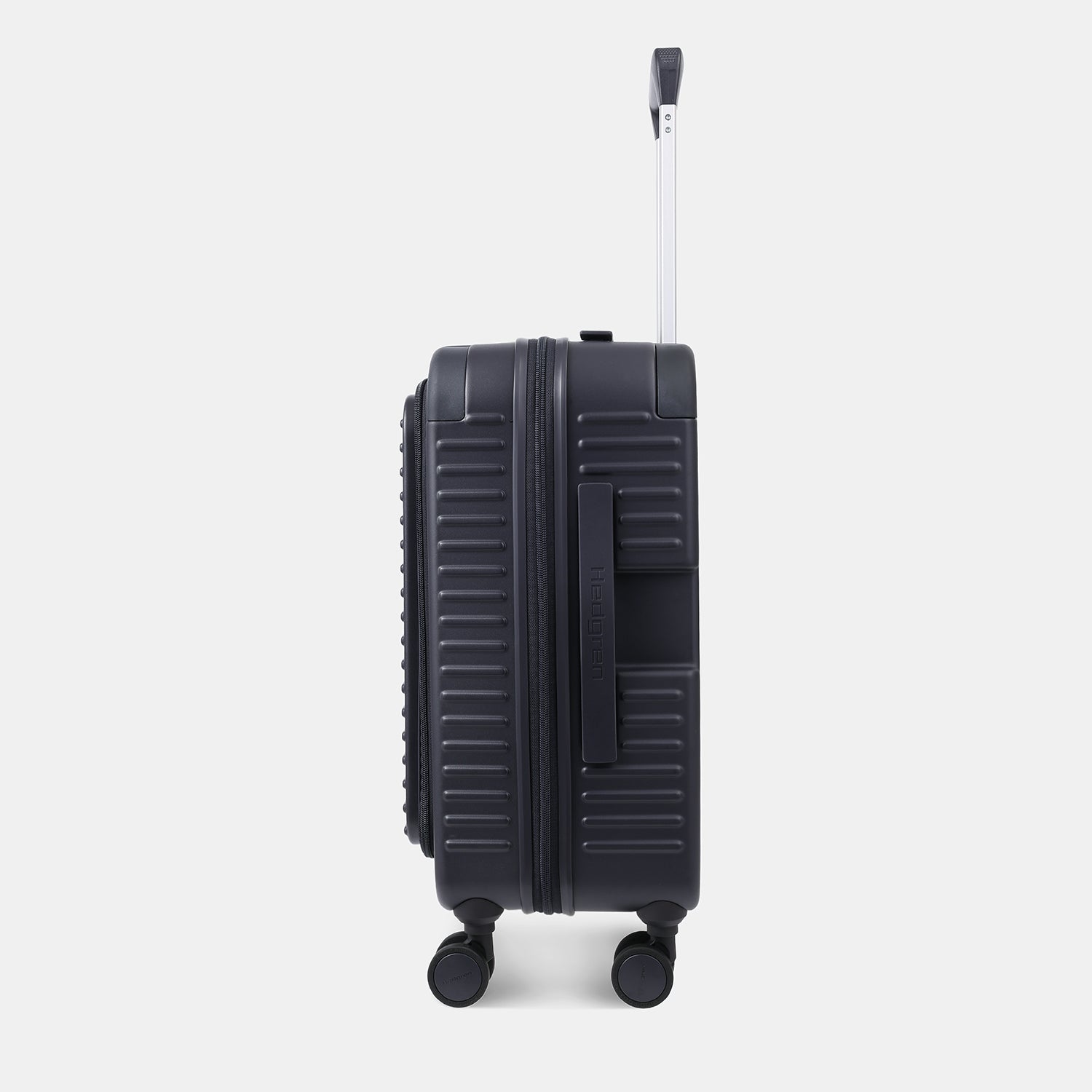 Side view of the Hedgren Raku Yuno Front Pocket Luggage in Blue, showcasing the textured hard shell and expandable zipper detail. Shop Online at Mosafer Qatar