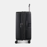 Side view of the Hedgren Raku Yuno luggage in Black, showcasing the textured hard shell and expandable zipper detail. Available for Online Purchase